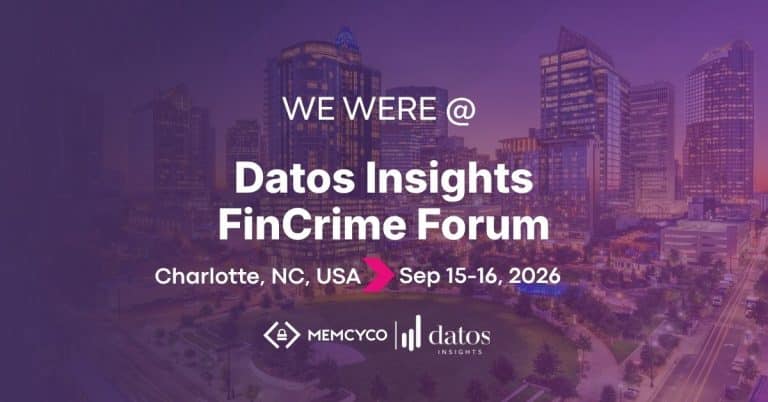Event banner featuring “Memcyco at Datos Insights FinCrime Forum 2026” in Charlotte, NC, USA, held on September 15-16. Display includes sponsor logos from Memcyco and Datos Insights over a cityscape background.